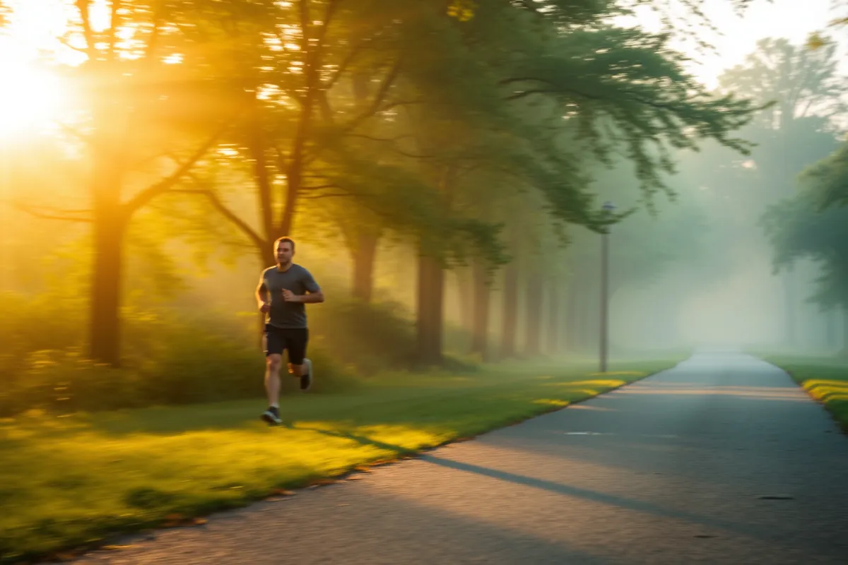A run in the park at sunrise
