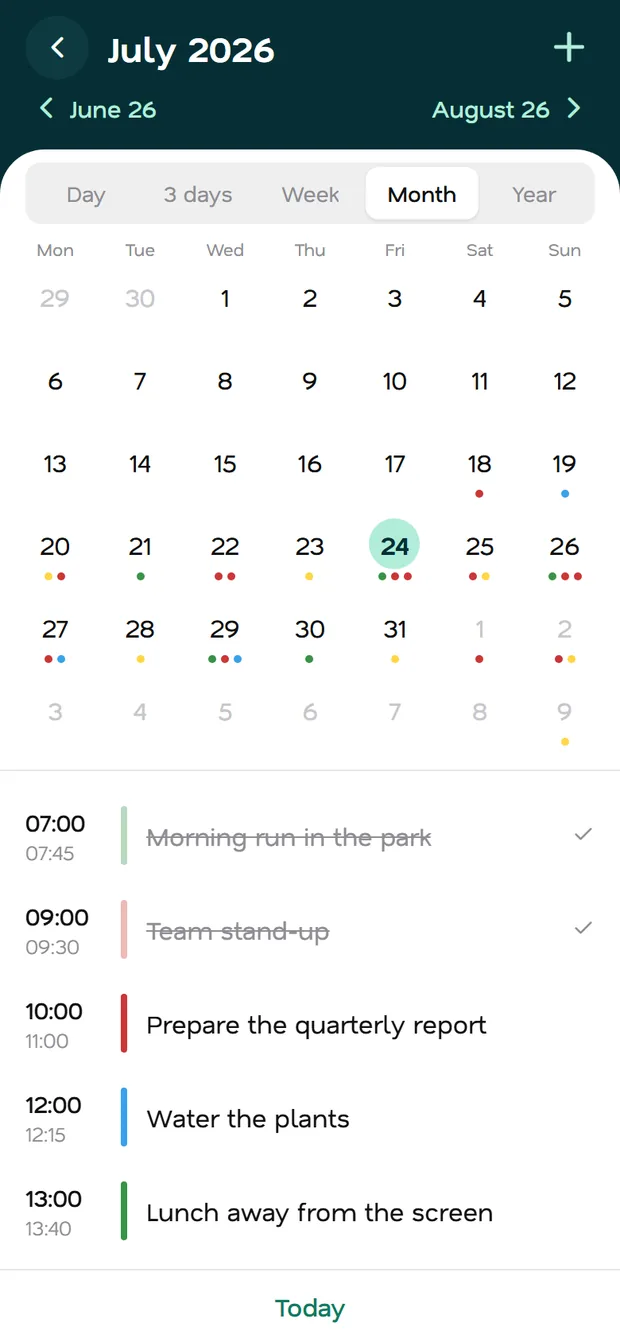 Fluena month calendar with the events of the day