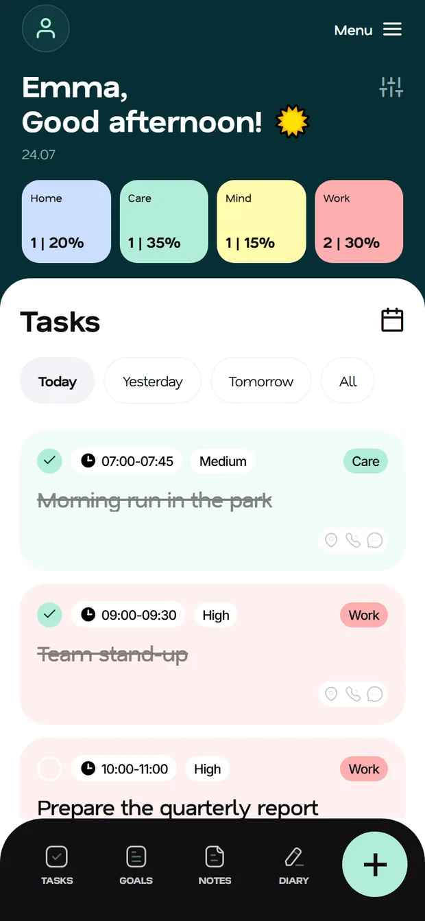 Fluena home screen: greeting, life-balance tiles by category and today's task list