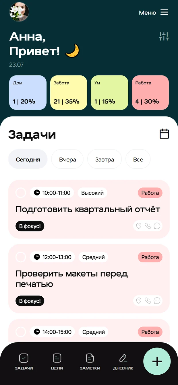 Главный экран Fluena: приветствие, плитки баланса по категориям и список задач на сегодня